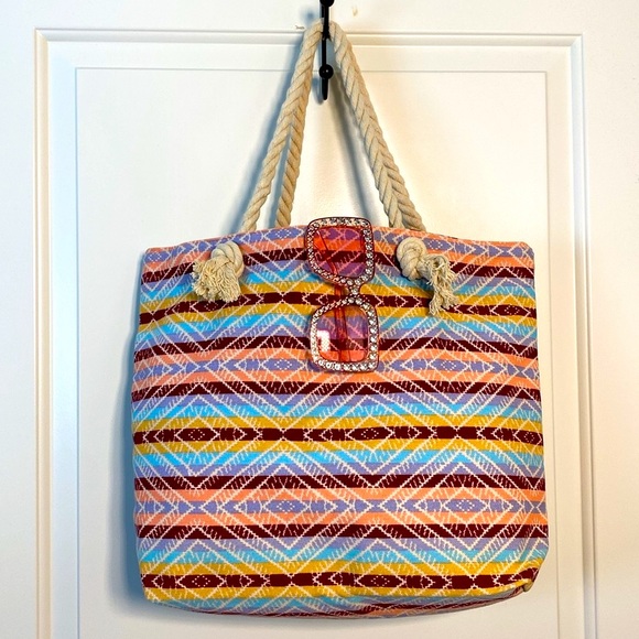 CODE LOVE Rope Handle Beach Tote Large Ikiet Multi Blue Canvas Bag - Picture 2 of 8